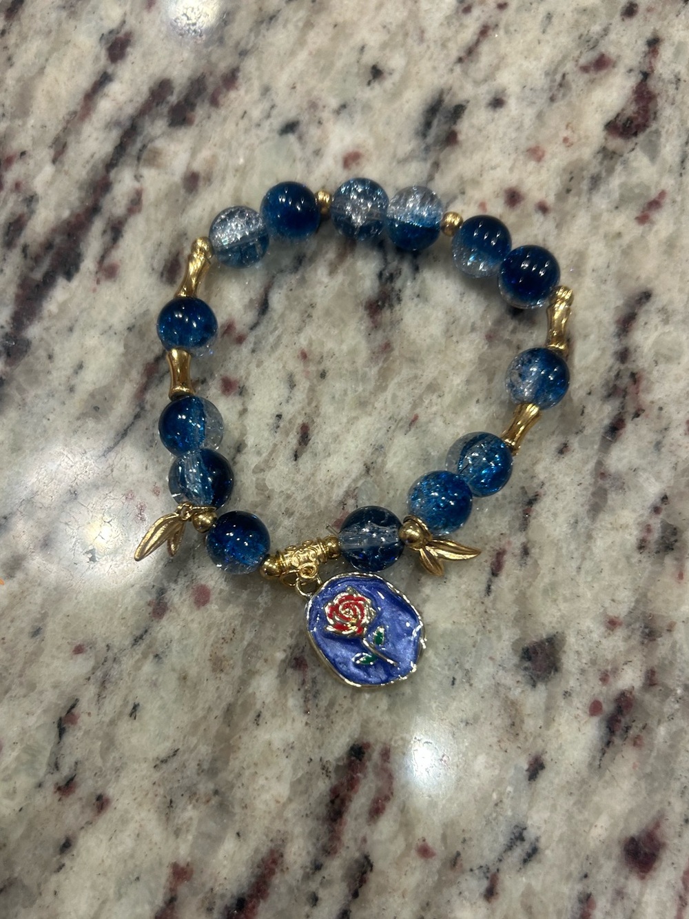 Beauty and the Beast Inspired Enchanted Rose Stretch Beaded Bracelet Blue Crackl